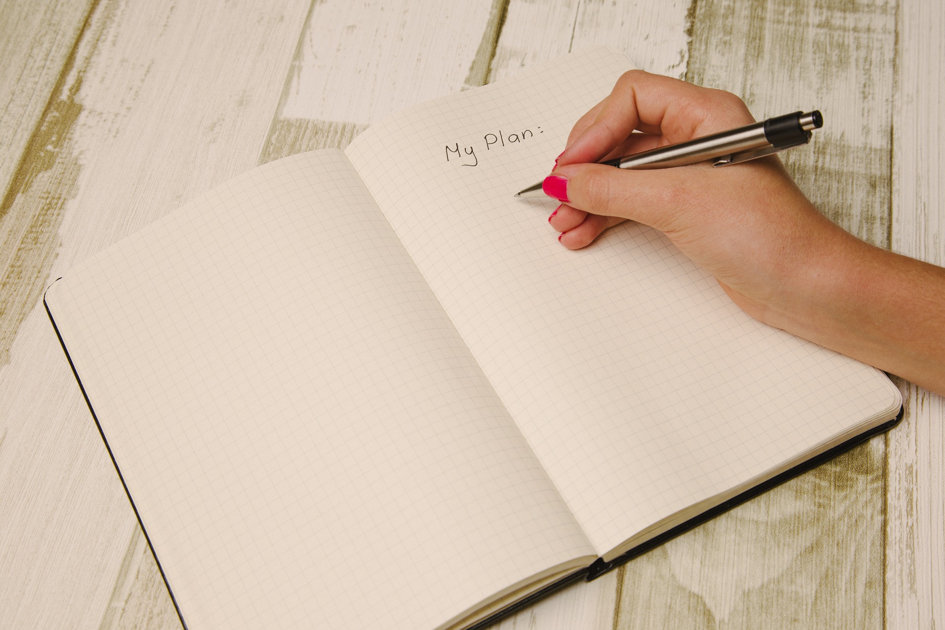 Woman writing the words "my plan" in a journal.