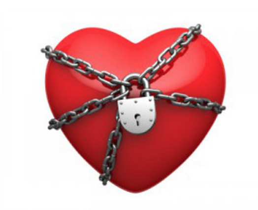 A red heart with heavy chains and a closed padlock