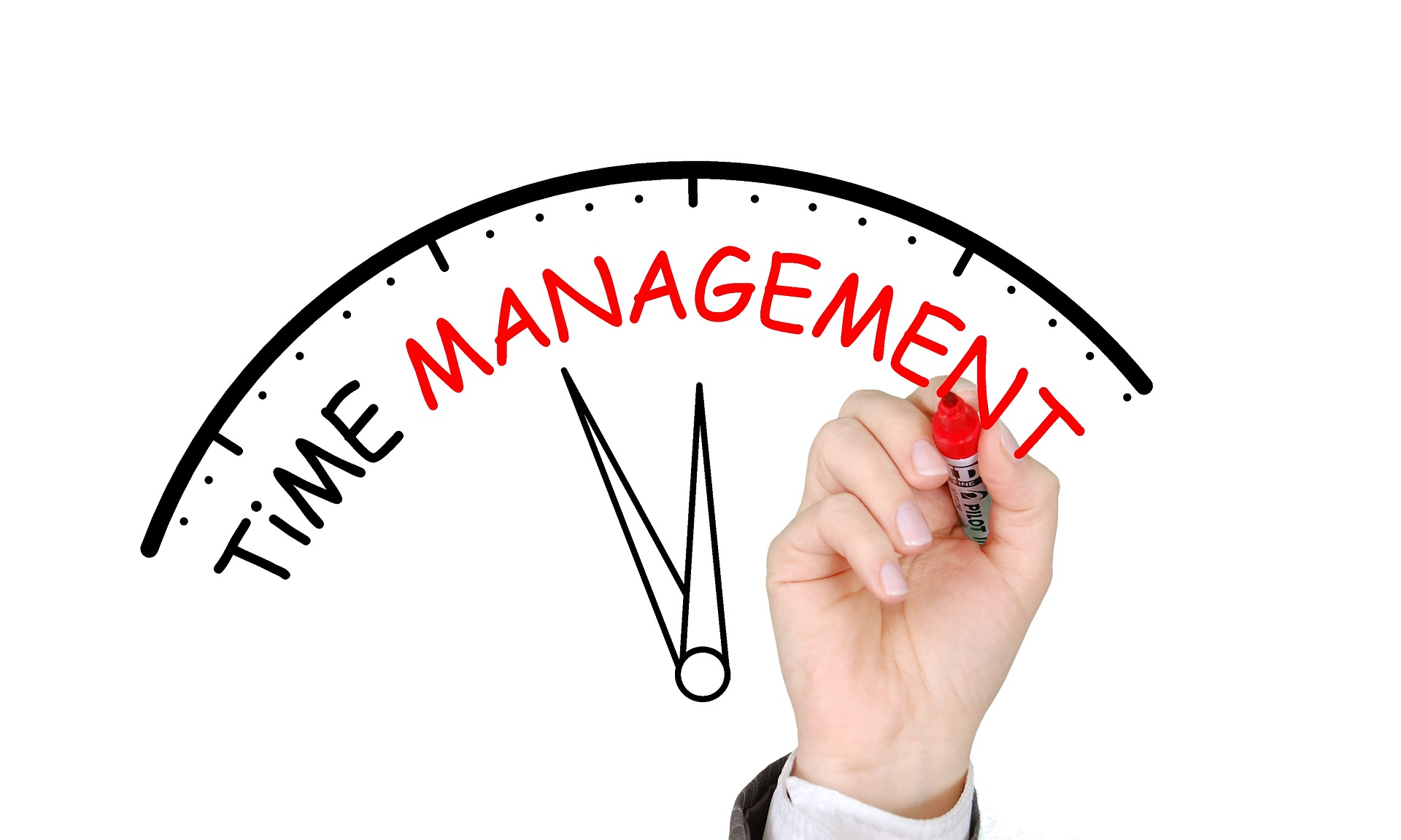 Hand-drawn time management graphic with clock arrows underneath