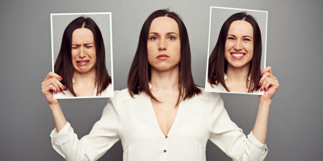 woman with a picture of her crying on one side being held up and on the other side a picture of her smiling