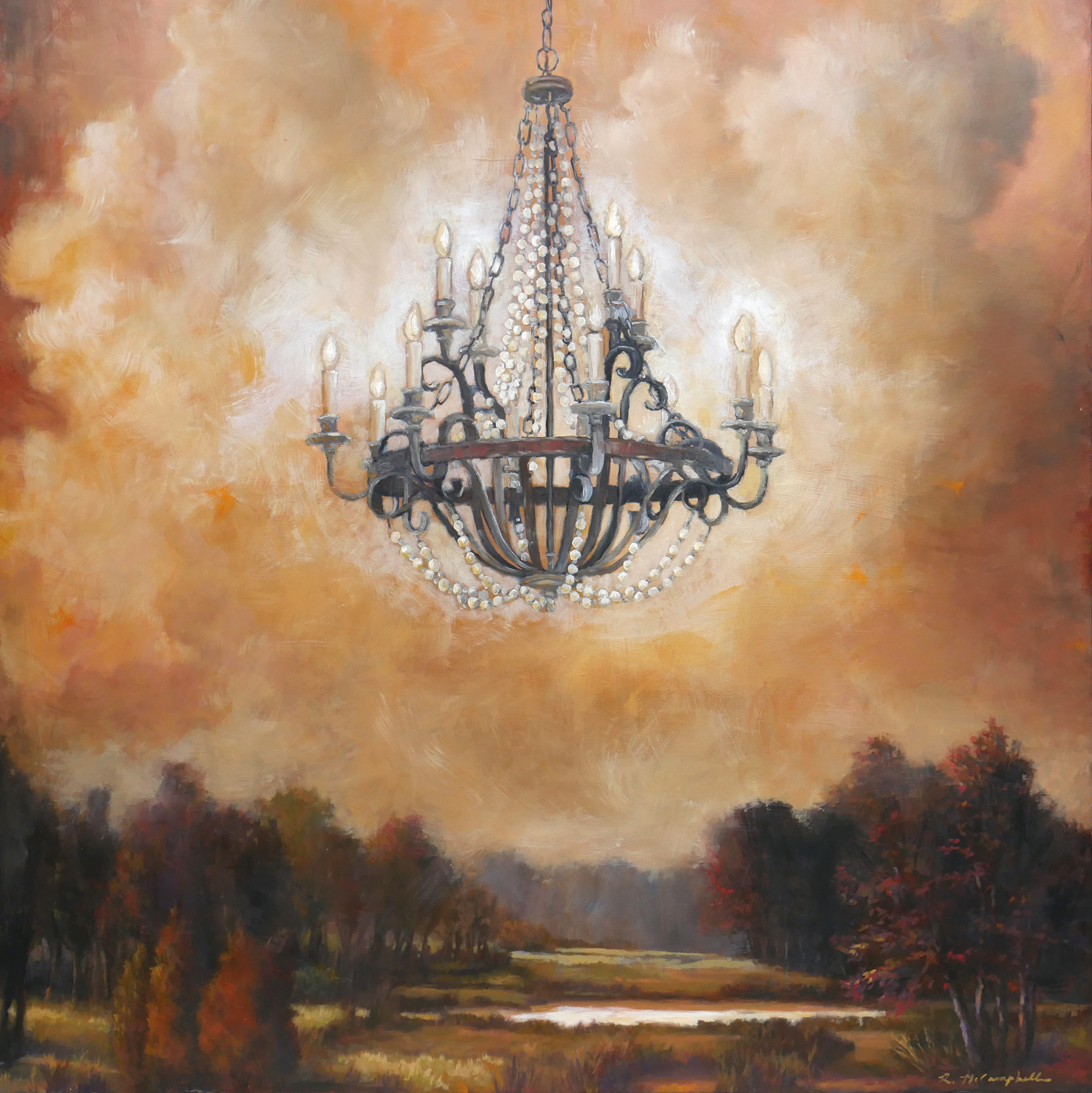 This is a landscape painting with primarily warm tones of fields and distant water with a moody sky and a huge chandelier hanging from the sky. 