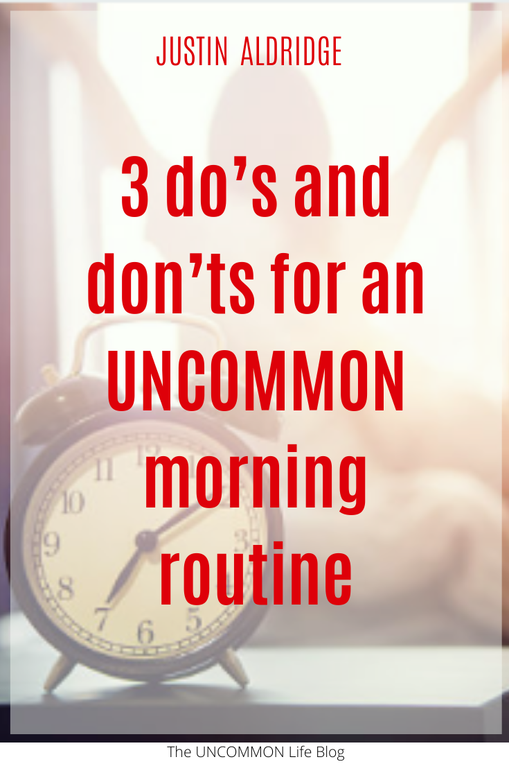 "3 do's and don'ts for an UNCOMMON morning routine" in red text over an image of a lady waking up and stretching in the background.