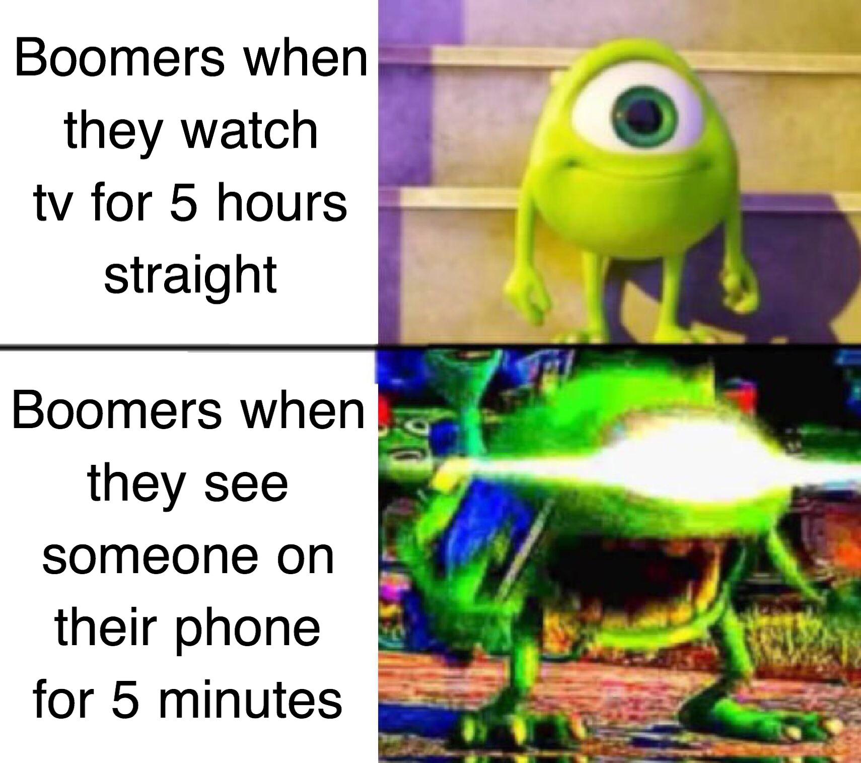 Meme which says boomers have no problem watching tv for five hours, but don't like it when people use their phones for five minutes