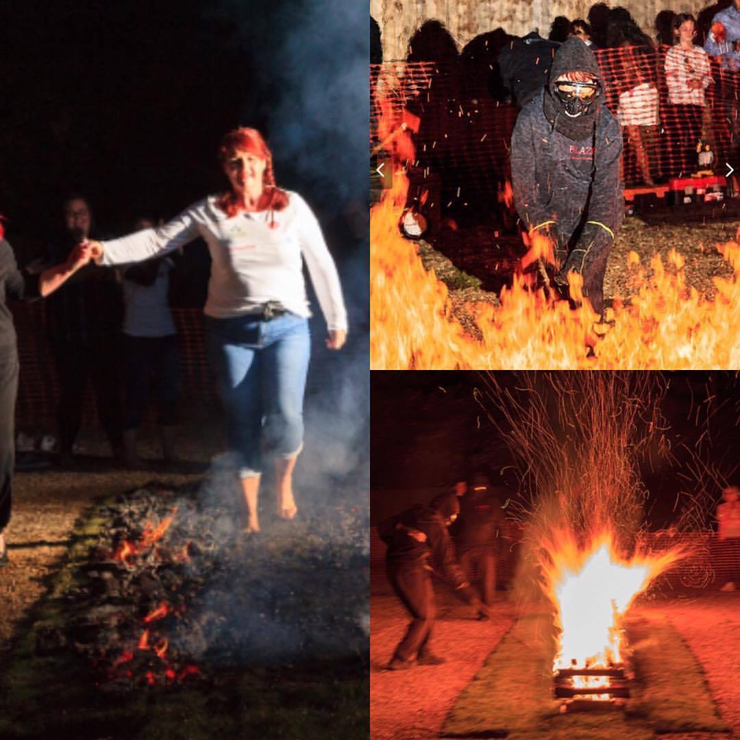 A group of 3 photos. One is of the fire being started. 2 is of an intense fire. 3 is of Bron walking over the hot fire embers. This was a charity fundraiser for the Bedford MS Therapy Centre.