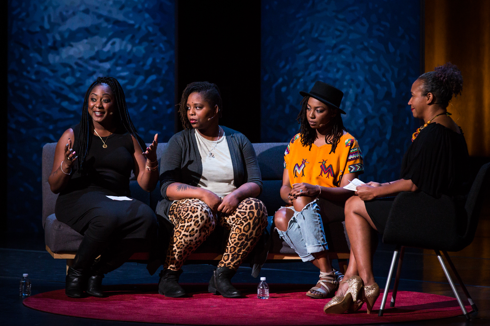 Founders of the Black Lives Matter movement (Alicia Garza, Patrisse Cullors, and Opal Tometi) interviewed by Mia Birdsong at TEDWomen 2016 - It's About Time, October 26-28, 2016, Yerba Buena Centre for the Arts, San Francisco, California. Photo: Marla Aufmuth / TED