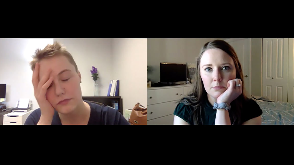 2 women experiencing Zoom fatigue while video conferencing