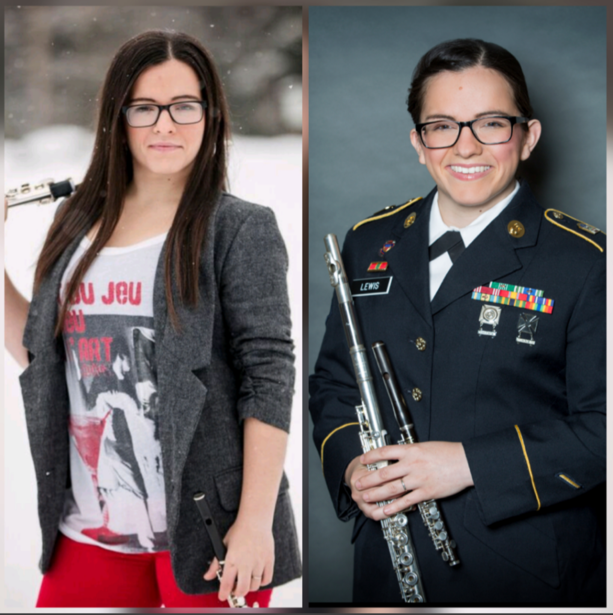 Side by side images of Katherine wearing a gray blazer and in a uniform holding a flute