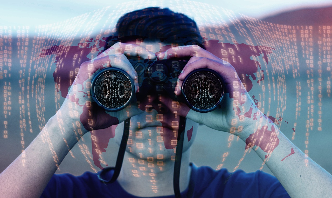 A man looking through a binocular with binary superimposed on the image