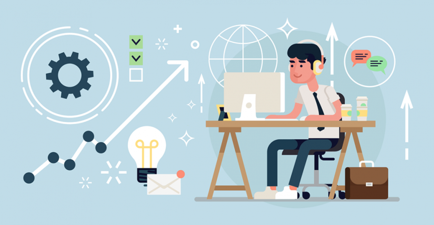 Productivity illustration with a man sitting at a computer table working while listening to music.