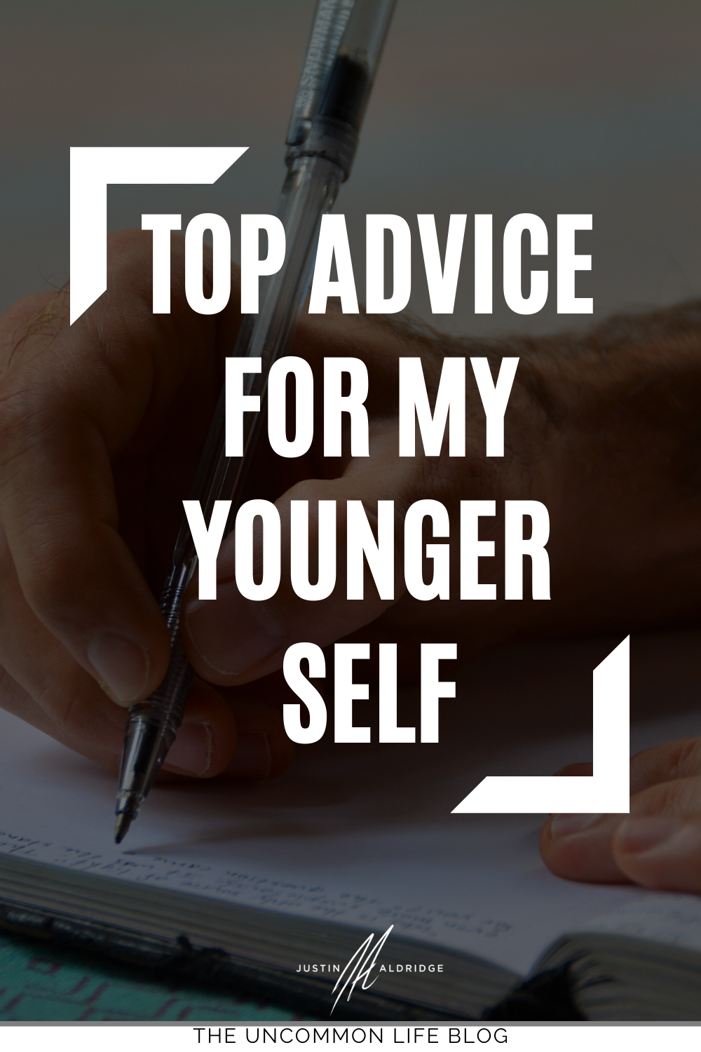 Man writing on a pad of paper in the background with "Top advice for my younger self" in white font in front
