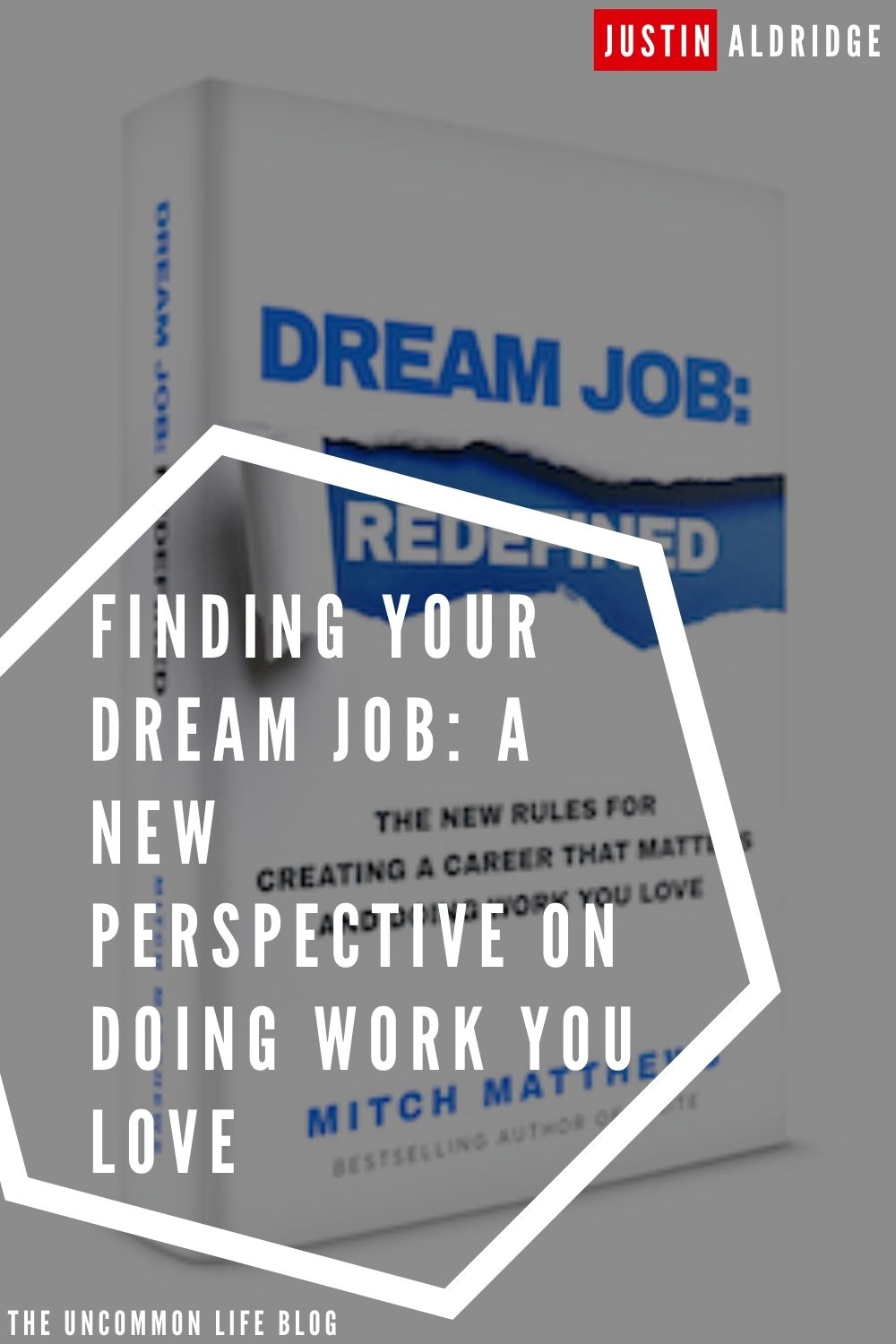 Picture of the book "Dream Job Redefined" in the background behind the text, "Find your dream job: a new perspective on doing work you love"