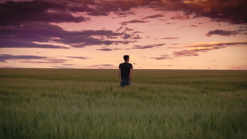 A man in the middle of green field looking at the horizon