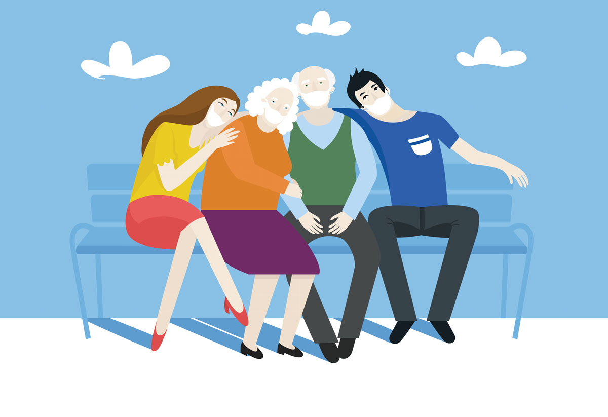Graphic: Adult children and their elder parents together on a park bench.