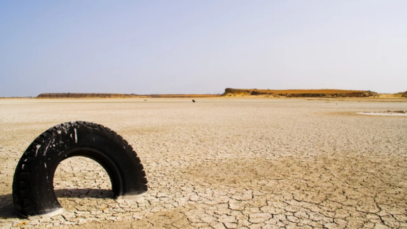 A tire stuck in the desert