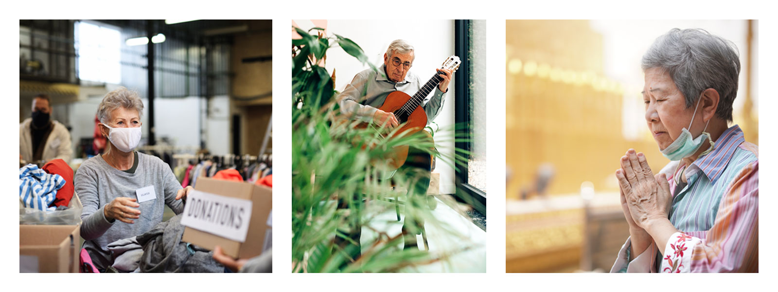 3 Images of Elders keeping active: volunteering, playing guitar, and praying at a temple.