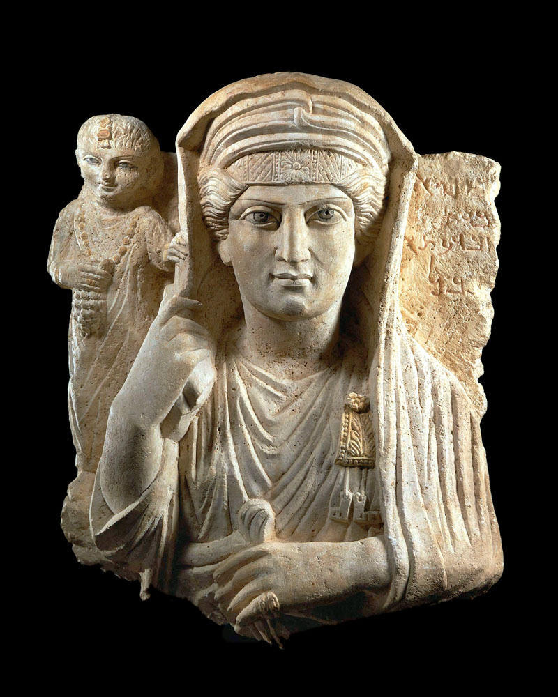 Hicham Aboutaam: Palmyran Limestone Polychrome Relief Bust of a Noblewoman and Child