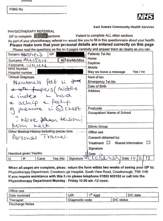 My NHS Physio Report From 14 November  2013