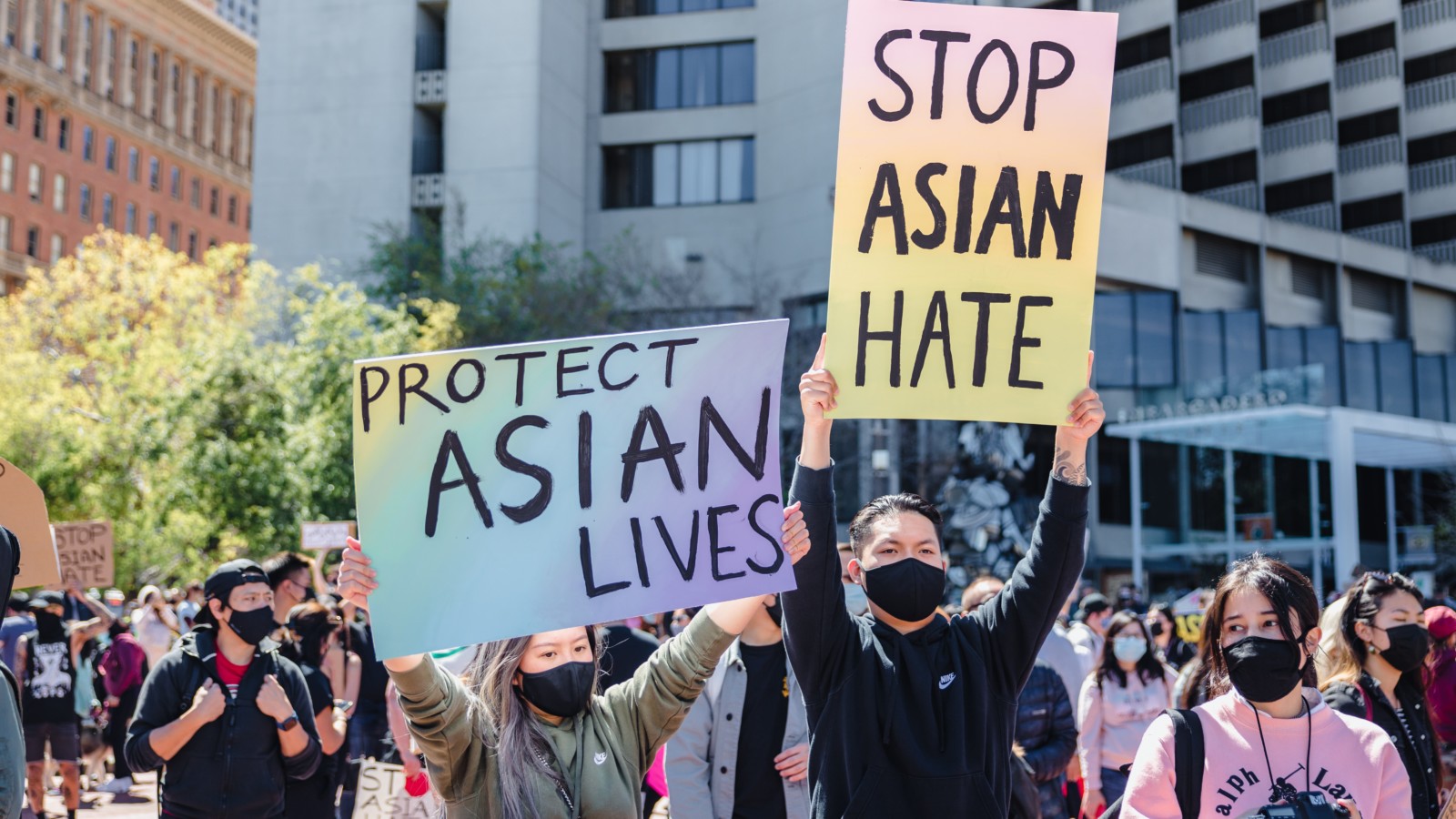 Stop Asian Hate and Protect Asian Lives Signs at a rally