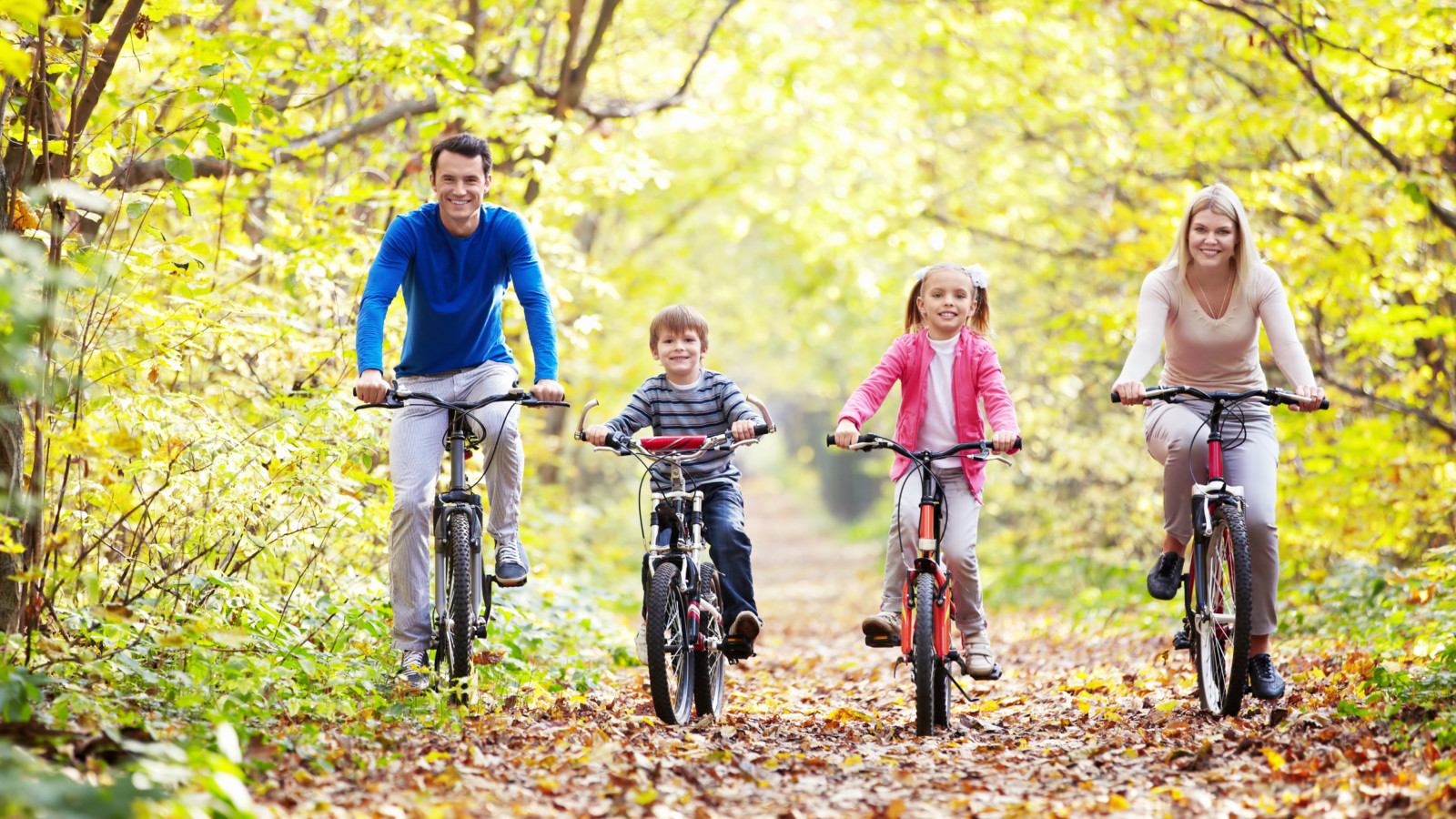 Family cycling through the woods.