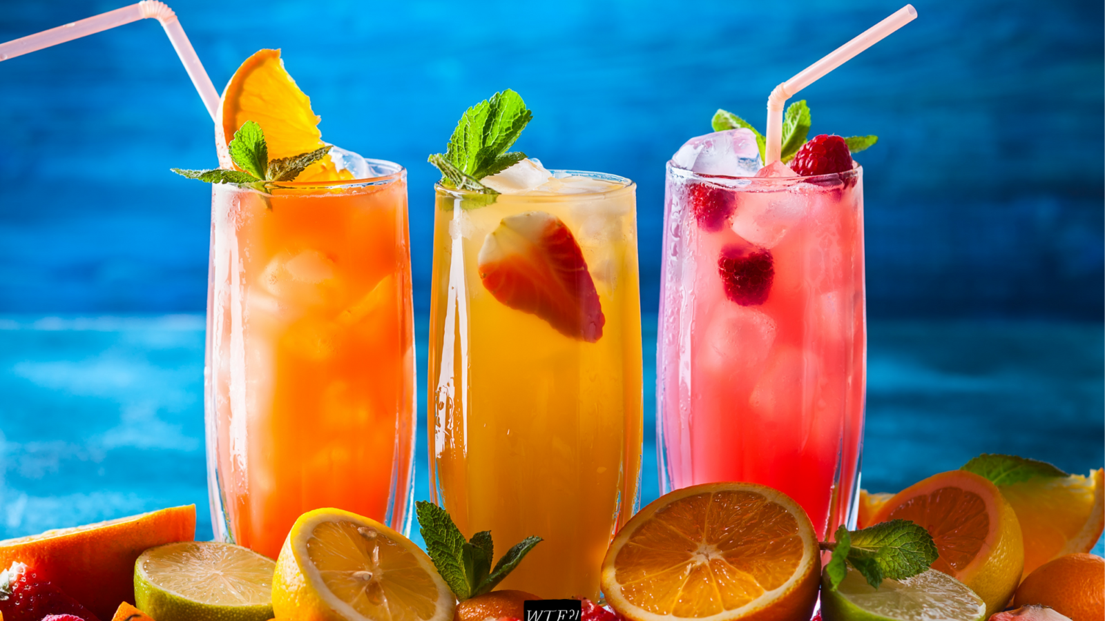 three tropical drinks. orange, strawberry and raspberry