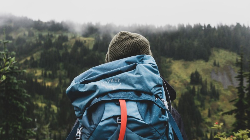 A man with a backpack with a view of a green mountain