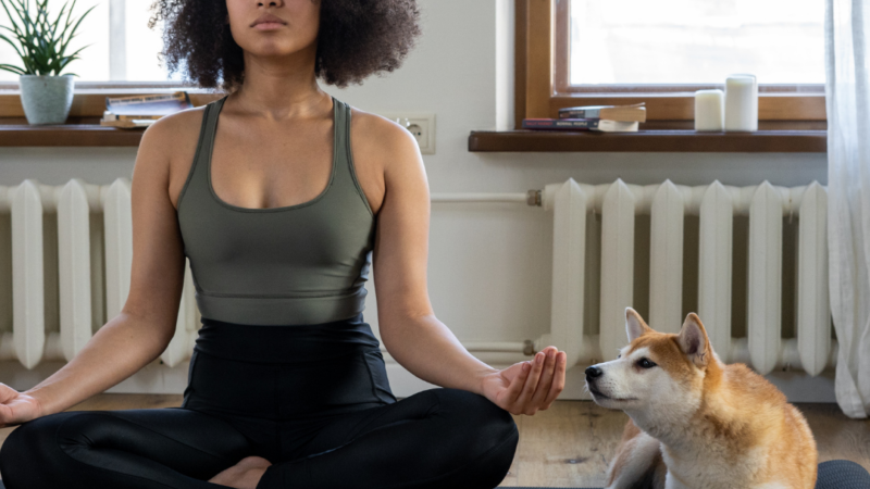 Image Description: Woman meditating or doing yoga, sitting on the floor. Tan and white dog sitting beside her.