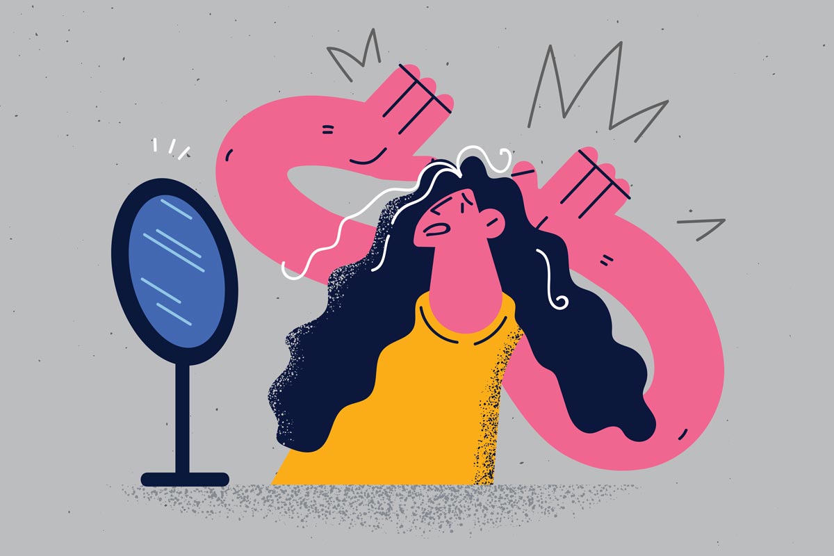 Illustration: Anxious woman look in mirror stressed with grey hair.