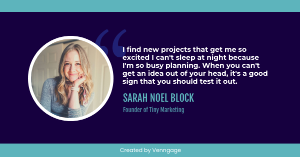 Content marketing strategist Sarah Noel Block talks about losing motivation at work. Quote in white text on dark blue background.