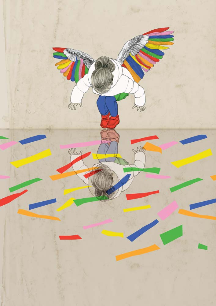 Illustration of child with imagination and hope - she has rainbow wings.