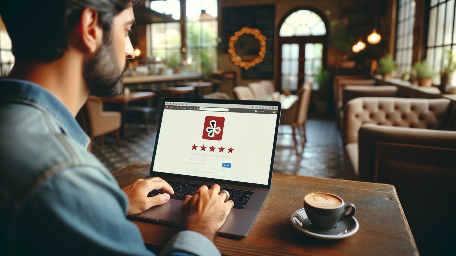 man at cafe on laptop completing a 5-star review