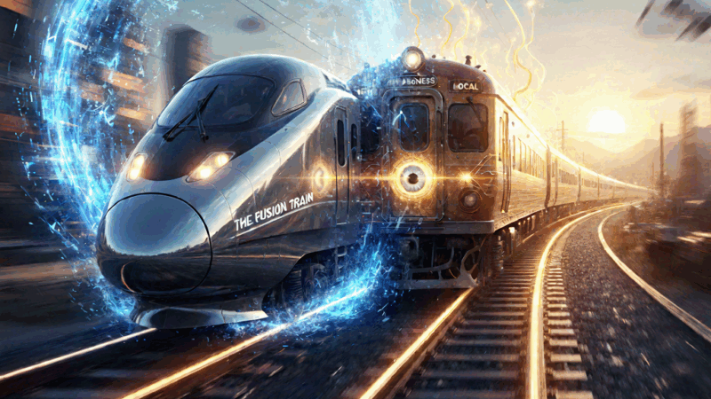 A conceptual AI-generated digital artwork depicting Dr. Krishna Bhatta's two high-speed trains merging on a single set of glowing tracks during a vibrant sunset. One train is a sleek, silver bullet train (The Minding Express), and the other is a glowing, vintage-style train with a large, golden eye-like light on the front (The Awareness Local). Blue holographic energy rings surround the trains as they synchronize. Text overlay at the bottom reads: 'DO EVERYTHING. ACHIEVE EVERYTHING. UNMISTAKABLY AWAKE.