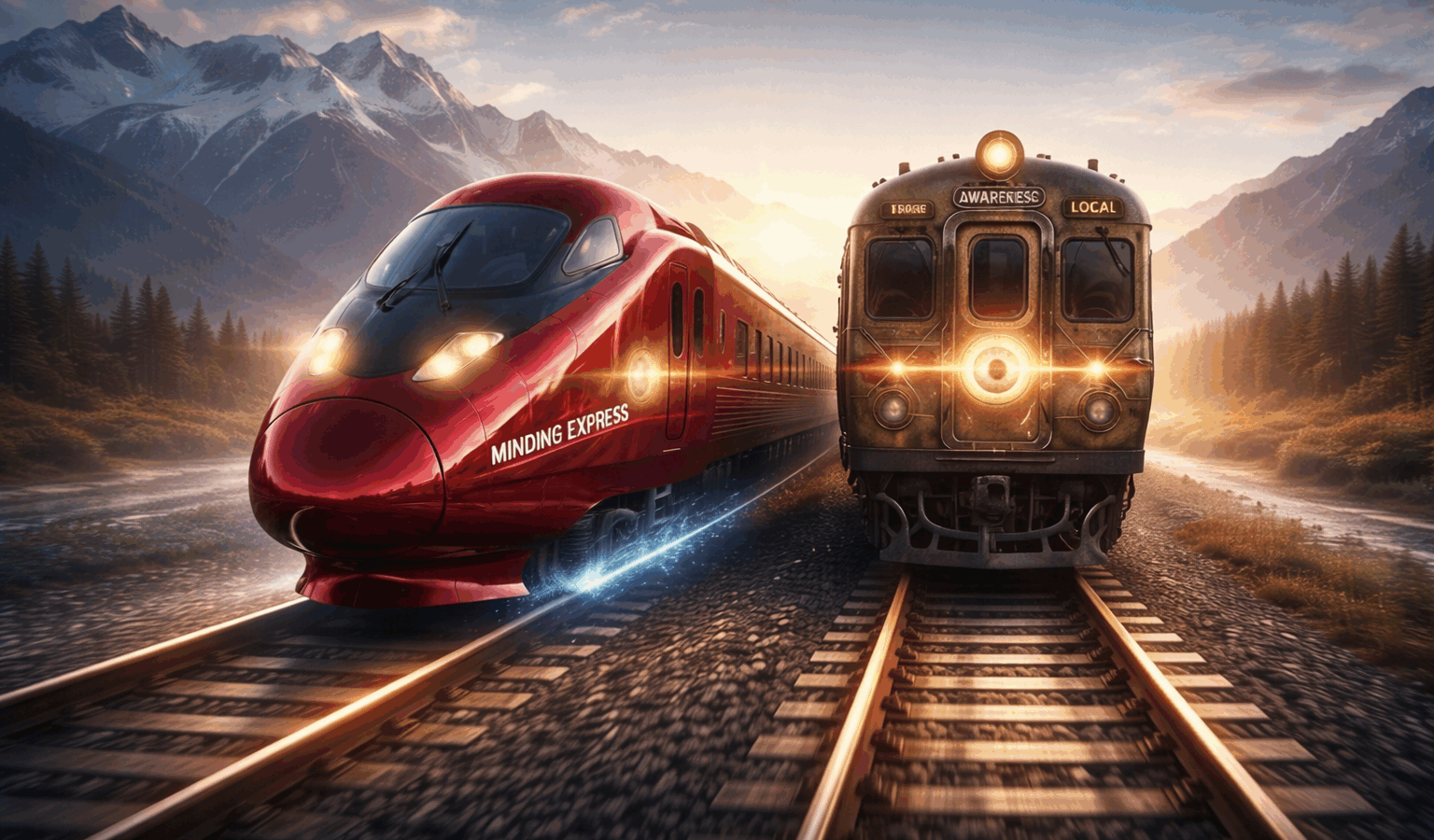 A conceptual AI-generated digital artwork depicting Dr. Krishna Bhatta's two high-speed trains One train is a sleek, silver bullet train (The Minding Express), and the other is a glowing, vintage-style train with a large, golden eye-like light on the front (The Awareness Local).