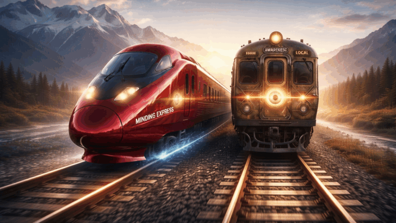 A conceptual AI-generated digital artwork depicting Dr. Krishna Bhatta's two high-speed trains One train is a sleek, silver bullet train (The Minding Express), and the other is a glowing, vintage-style train with a large, golden eye-like light on the front (The Awareness Local).