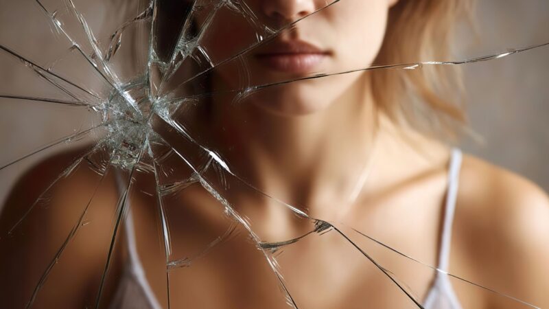 A woman seen through a cracked mirror, with fractures radiating across the glass, partially obscuring her face and upper body.