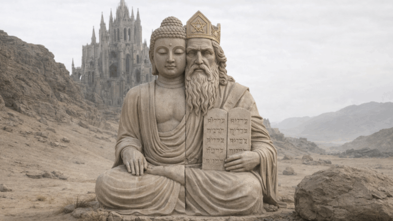 An imagined convergence of spiritual traditions, reflecting the shared human search for meaning across faiths.