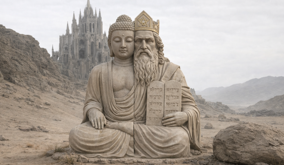 An imagined convergence of spiritual traditions, reflecting the shared human search for meaning across faiths.