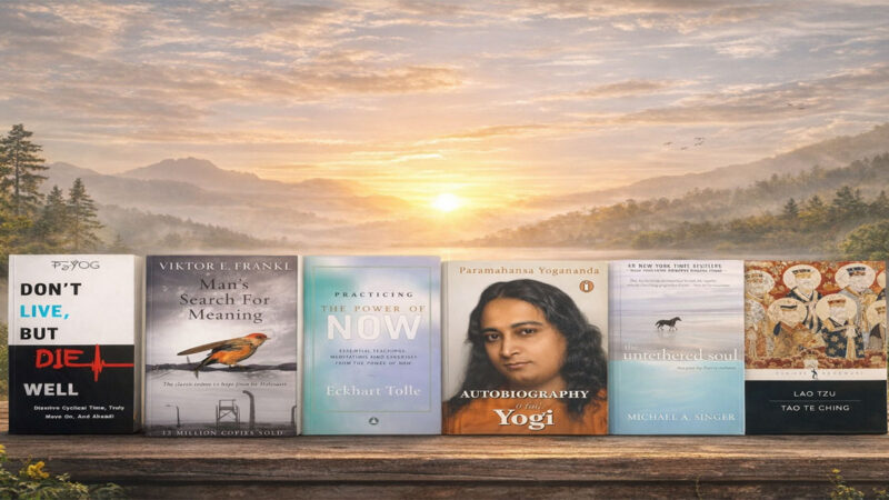 sunset background with spiritual books in front