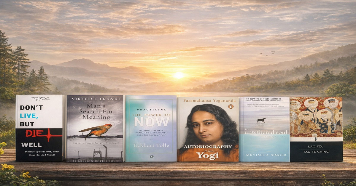 sunset background with spiritual books in front