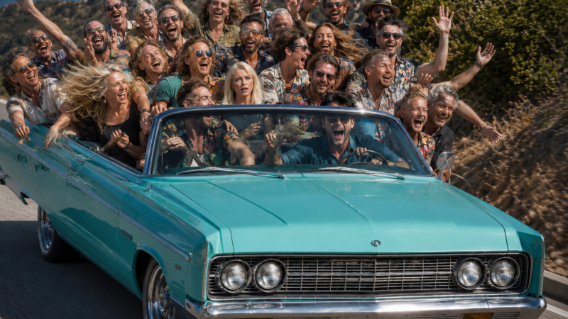 Turquoise convertible jammed with people